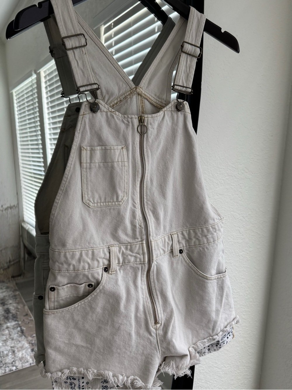 We The Free Cream Denim Short Overalls with Front Zip